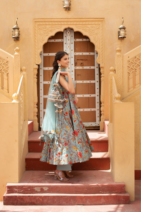 Pomcha Jaipur Grey Hand Block Cotton Anarkali With Soft Net Dupatta